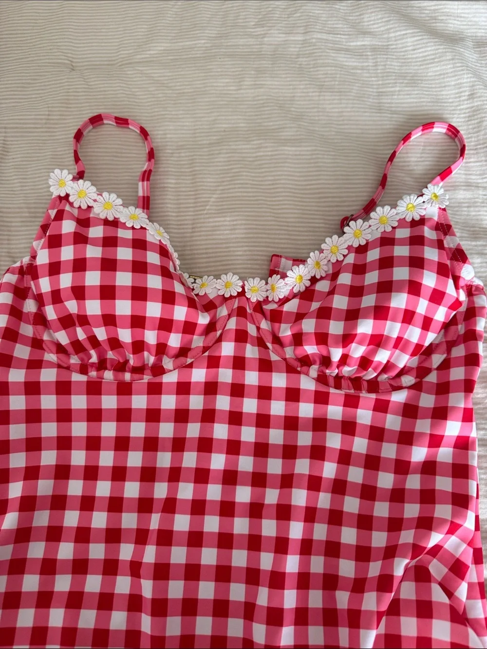 Red Gingham One-Piece Swimsuit with Daisy Trim